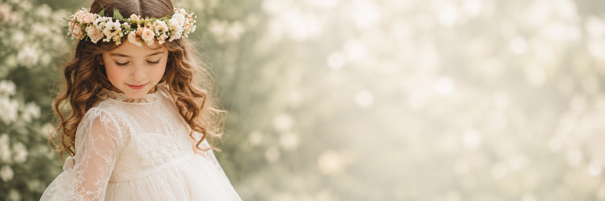 A young girl with long wavy brown hair wearing a white lace dress and a floral crown, looking down in a softly blurred outdoor setting with bright bokeh light.